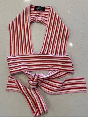Cider Pink Red Stripe Knit Wrap Halter Top Size XS Trendy Crop Top